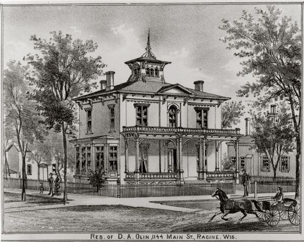 Exterior view of the residence of D.A. Olin, with a horse-drawn vehicle and pedestrians in the foreground. Caption reads: "Res. of D. A. Olin, 1144 Main St., Racine, Wis."