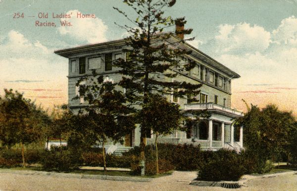 Exterior view of an "old ladies' home." Caption reads: "Old Ladies' Home, Racine, Wis."