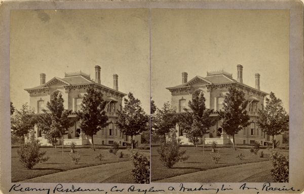 Stereograph of the Murray-Kearney house. Caption reads: "Kearney Residence, cor of Asylum(?) & Washington Ave Racine."