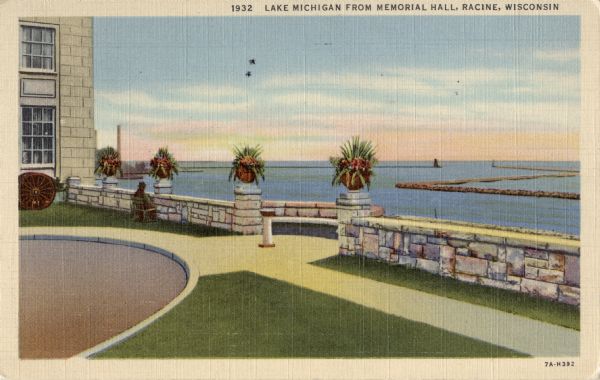 View of Lake Michigan from Memorial Hall. Caption reads: "Lake Michigan from Memorial Hall, Racine, Wisconsin".