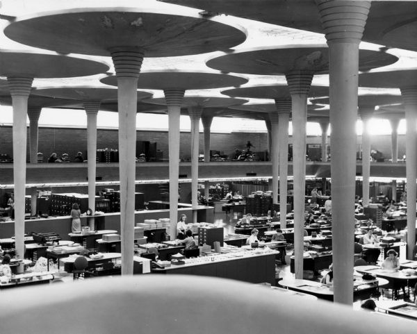 Elevated view of the great workroom of the administration building, designed by Frank Lloyd Wright.