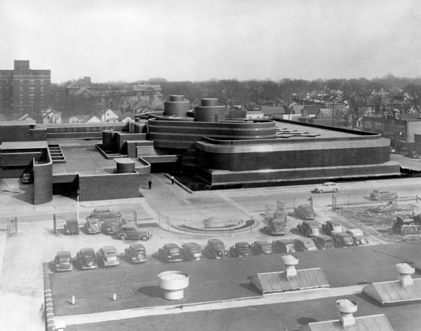 Elevated view of the S.C. Johnson & Son, Inc. building, designed by Frank Lloyd Wright.