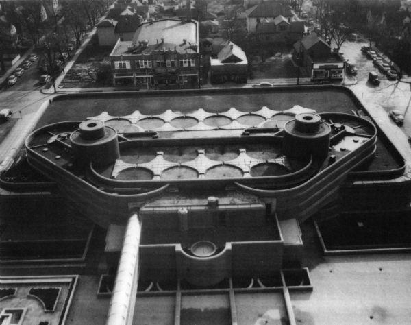 Aerial view of the Johnson Wax Company building.