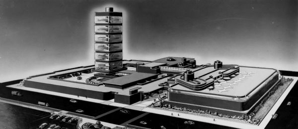Artist's rendering of the research and development tower and administration building of the S.C. Johnson and Son Wax Co.
