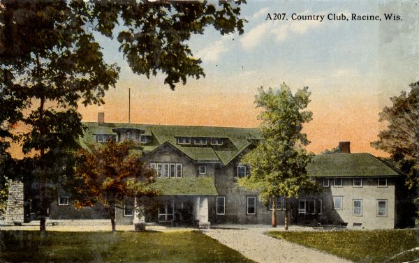 Exterior view of a country club. Caption reads: "Country Club, Racine, Wis."