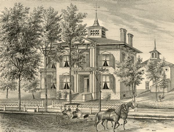 Elevated view across street towards the Case Residence. People are in a horse-drawn carriage in the foreground.