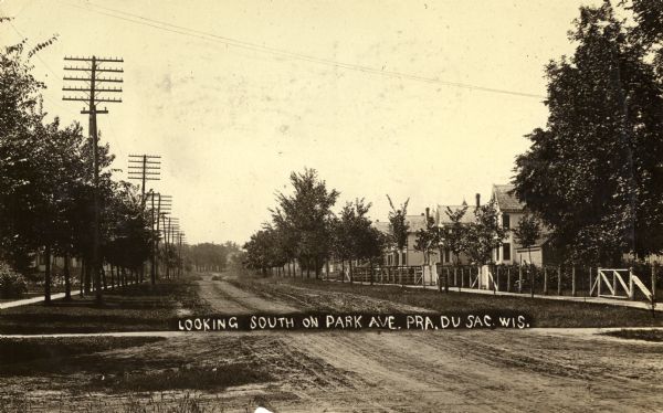 View down unpaved road. Houses line the right side of street, telephone and power poles line left side. Caption reads: "Looking South on Park Ave. Pra.. Du Sac, Wis."