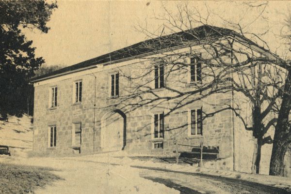 Stone building (winery) in winter. Kehl Winery operated from 1867 to 1899. It later became a dance hall. Excerpt from Sauk Prairie Star, Sauk City, 18 February, 1960. Winery bought in 1972 by Robert P. Wollersheim and now operated as the Wollersheim Winery.