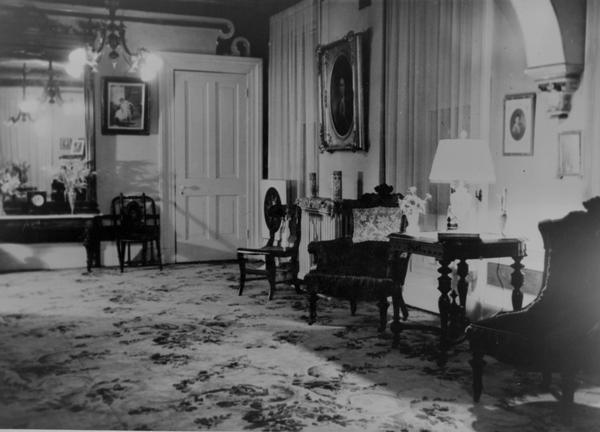 West end of the drawing room in the Spaulding house, which was furnished by Marshall Field and Company in 1870.