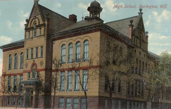 Front view of the high school. Caption reads: "High School, Burlinton, Wis."