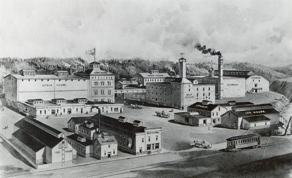 An engraving of an elevated view of the Leinenkugel brewery, est. 1867, located at 5 Jefferson Avenue.
