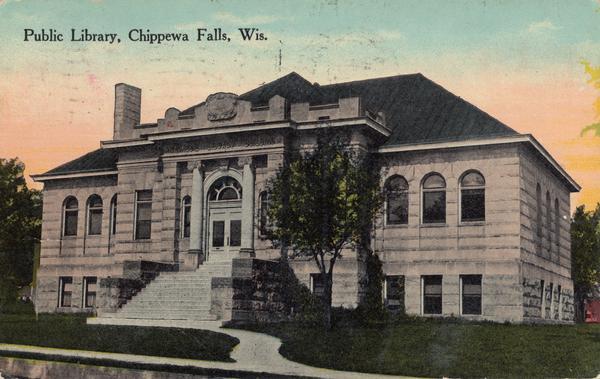 Front view of the Chippewa Falls public library building. Caption reads: "Public Library, Chippewa Falls, Wis."
