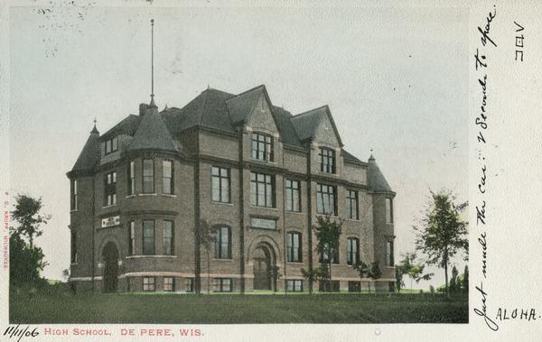 High school and its grounds. Caption reads: "High School, De Pere, Wis."