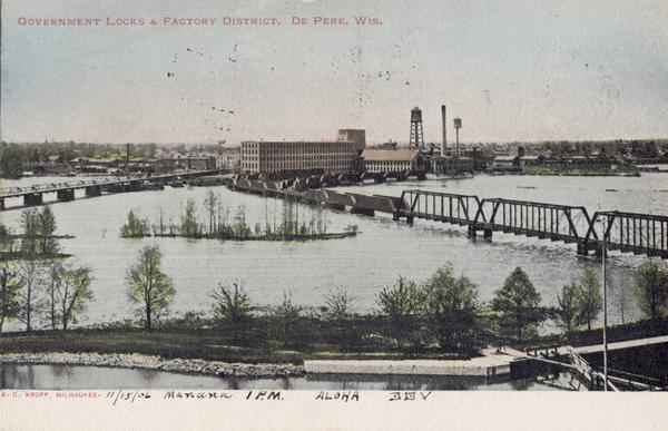 Elevated view. Caption reads: "Government Locks & Factory District, De Pere, Wis."