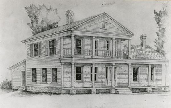 Drawing of the exterior of George White's home, 421 Cass Street. The house was built about 1835.