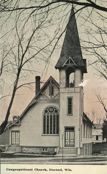 View across street towards the church. A bell tower is above the entrance. Caption reads: "Congregational Church, Durand, Wis."