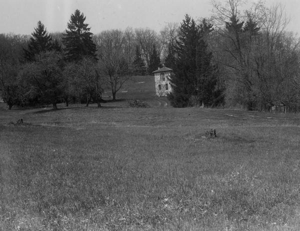 Rock Studio across a field, surrounded by trees.
