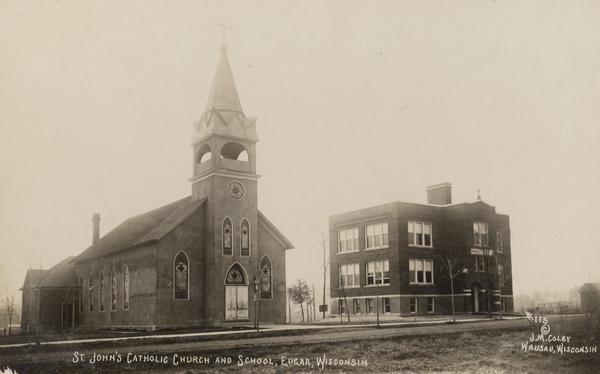Caption reads: "St. John's Catholic Church and School, Edgar, Wisconsin."