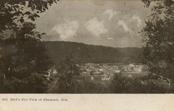 Elevated view from hill towards Elmwood. Tree-covered bluffs are in the distance. Caption reads: "Bird's Eye View of Elmwood, Wis."