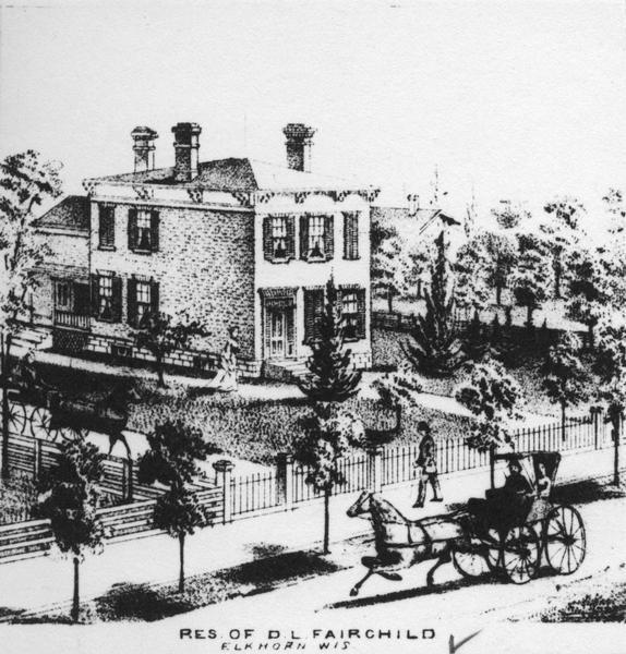 D.L. Fairchild residence from the street, with a stagecoach and pedestrian in the foreground.