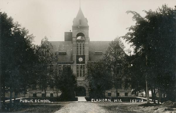 Elkhorn High School and its bell tower. Caption reads: "Public School. Elkhorn, Wis."