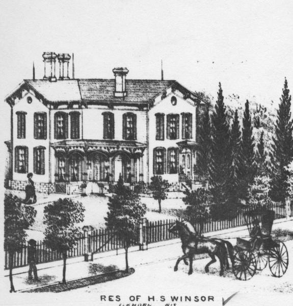H.S. Winsor residence, with a stagecoach in the foreground.