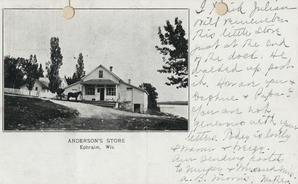 Anderson's store, with a horse and carriage in front. Caption reads: "Anderson's Store Ephraim, Wis."