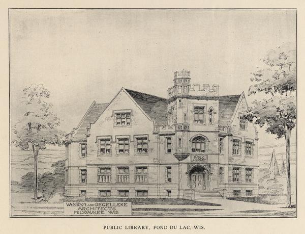 Drawing of the exterior of the Fond du Lac Public Library. Van Ryn and Degelleke architects. Caption reads: "Public Library, Fond du Lac, Wis."
