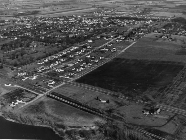 Aerial view of fields near neighborhoods.