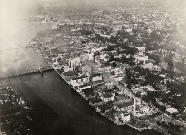 Aerial view of Green Bay's commercial district on the Fox River.