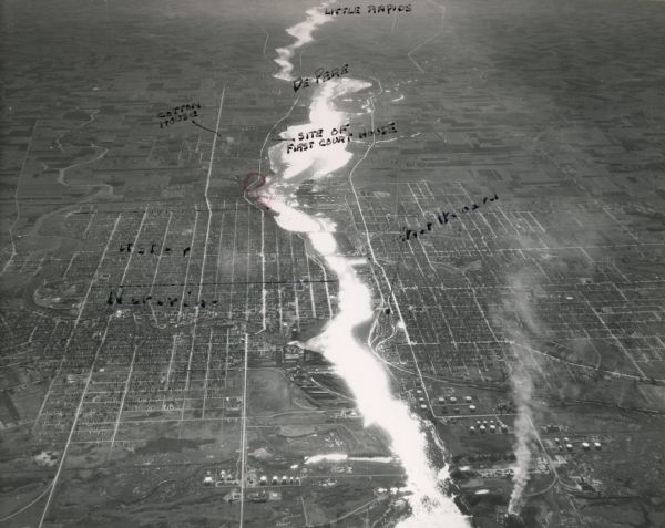 Aerial view of the Fox River, near Green Bay. Handwritten locations are marked, including: Site of First Court House, Little Rapids, De Pere.