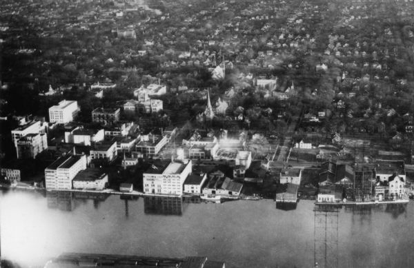 Aerial view of Green Bay's commercial waterfront district on the Fox River.