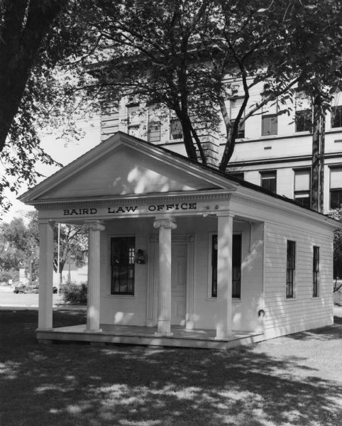 View of the Baird law office, removed from its original location to the lawn of the Brown County Court House.