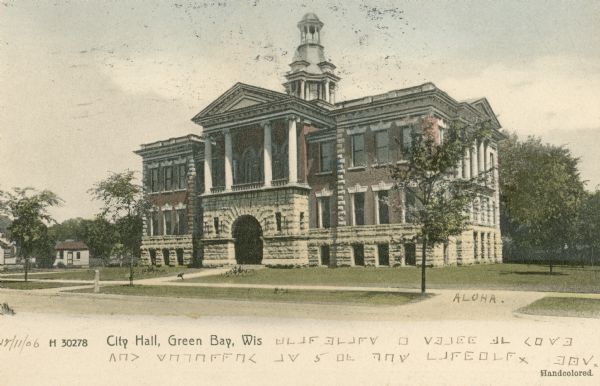 Exterior view of City Hall. Caption reads: City Hall, Green Bay, Wis."