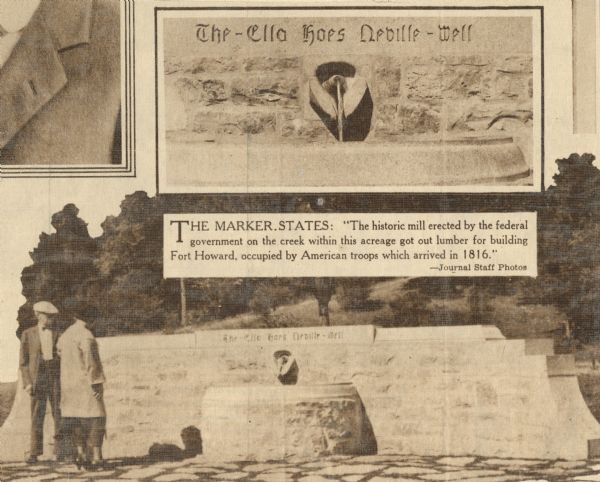 Two people stand in front of the Ella Hoes Neville well and historic marker, with two insets with close-up views of its architecture.