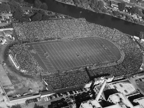 Aerial view of City Stadium, former home of the Green Bay Packers from 1925 to 1956. Currently it is the home of the Green Bay East High School football team.