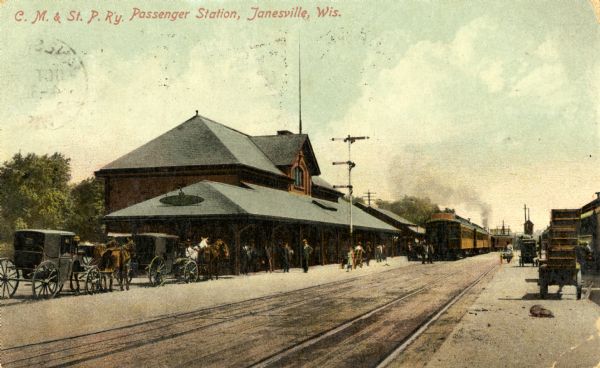 The Chicago, Milwaukee and St. Paul depot. Caption reads: "C. M. & St. P. Ry. Passenger Station, Janesville, Wis."
