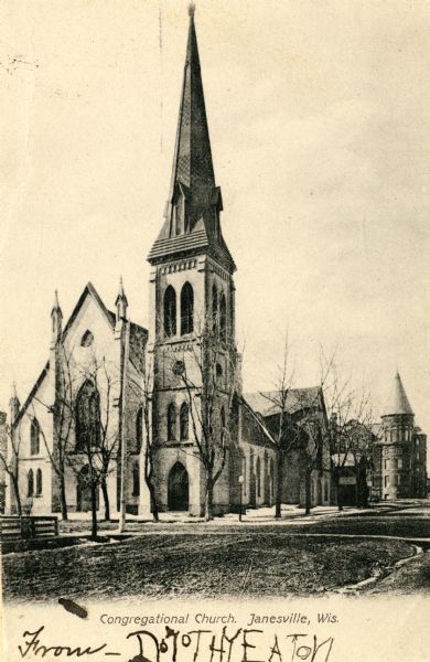 Exterior view of the Congregational Church. Caption reads: "Congregational Church, Janesville, Wis."