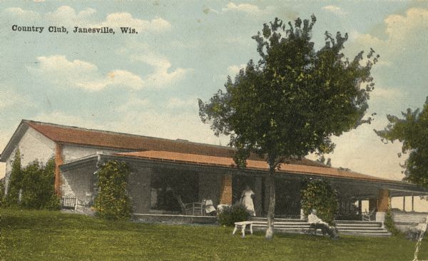 The main building of a country club. A woman is standing on the porch, and a man is sitting on the lawn in a chair. Caption reads: "Country Club, Janesville, Wis."