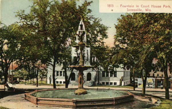 The fountain in Court House Park. Caption reads: "Fountain in Court House Park, Janesville, Wis."