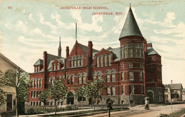 View down street towards the high school. Caption reads: "Janesville High School, Janesville, Wis."