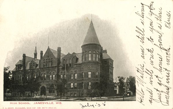 Exterior view of the Janesville High School. Caption reads: "High School, Janesville, Wis."