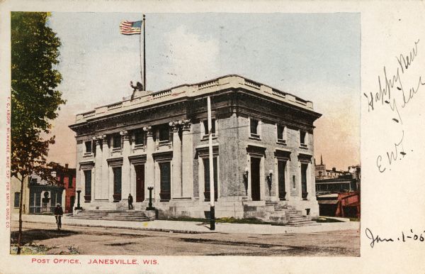 Exterior of the Post Office. Caption reads: "Post Office, Janesville, Wis."