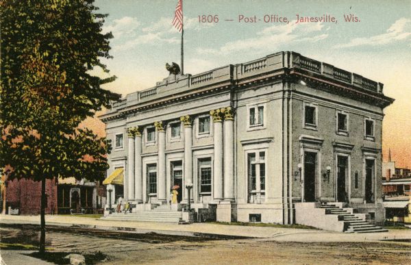 Exterior of the post office. Caption reads: "Post-Office, Janesville, Wis."