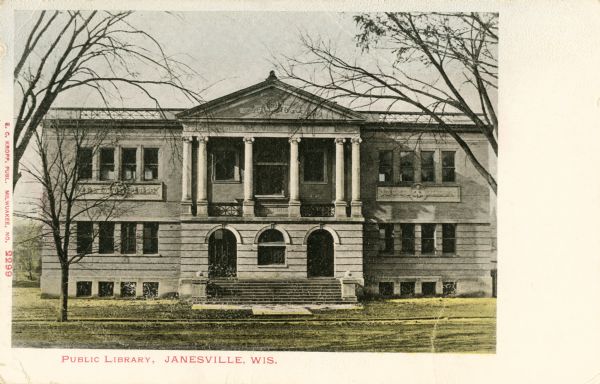 Exterior view of the Janesville Public Library. Caption reads: "Public Library, Janesville, Wis."