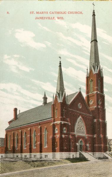 Exterior view of St. Mary's Catholic Church. Caption reads: "St. Mary's Catholic Church, Janesville, Wis."