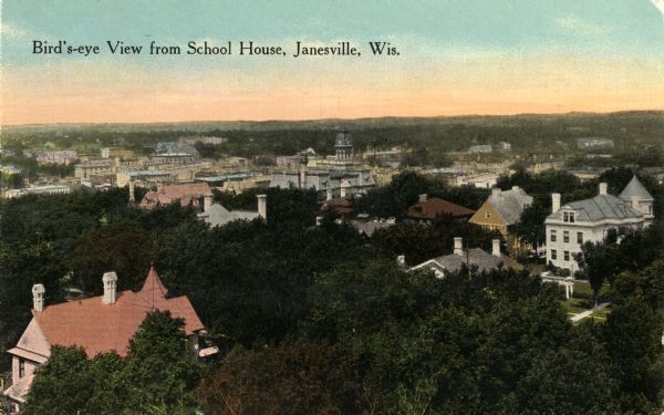 Elevated view of Janesville from the School House. Caption reads: "Bird's-eye View from School house, Janesville, Wis."
