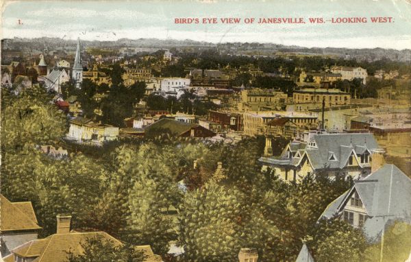 Elevated view of Janesville from the West. Caption reads: "Bird's Eye View of Janesville, Wis. — Looking West."