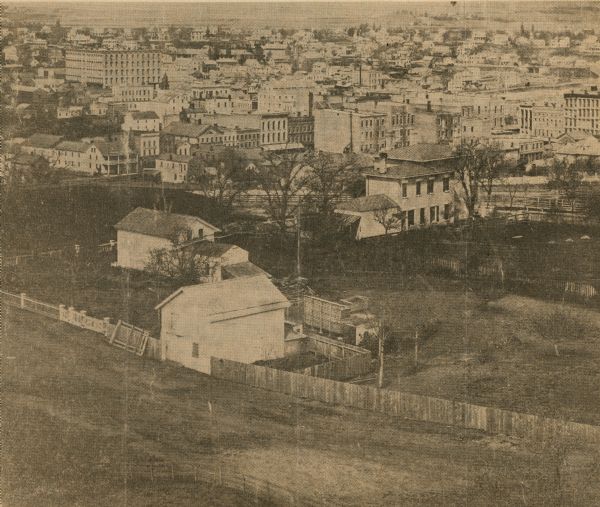 View from the cupola of the old Jefferson School. The large building in the upper left is the Hyatt House, which burned in 1867.
