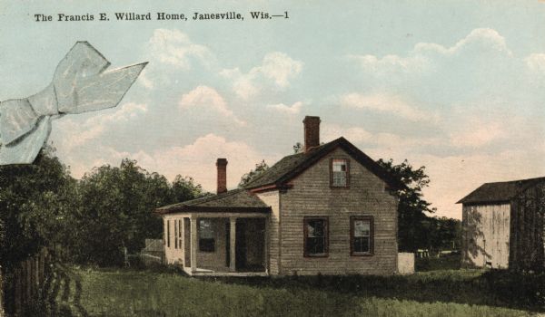 The home of Frances E. Willard. The image of a bow is printed on the left. Caption reads: "The Francis E. Willard Home, Janesville, Wis."